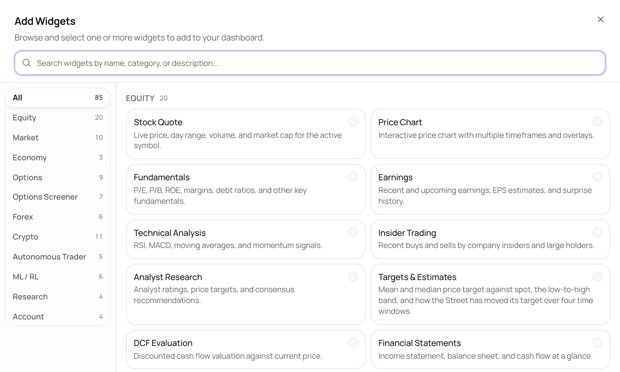 Add Widgets dialog category list: 85 widgets in 11 categories, each with its count